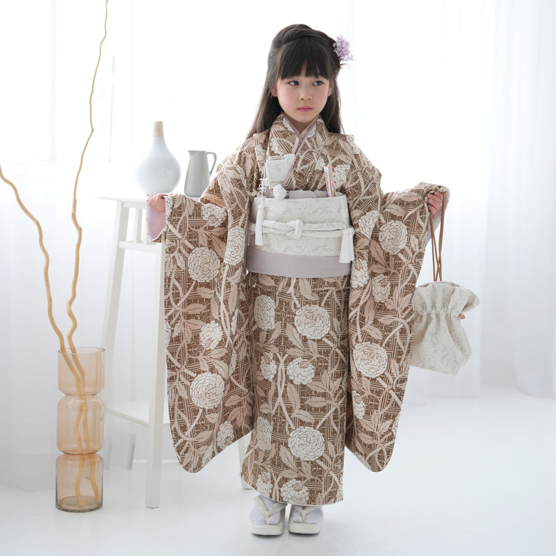 七五三 女の子 ７歳着物 化繊 作り帯 筥迫 セット