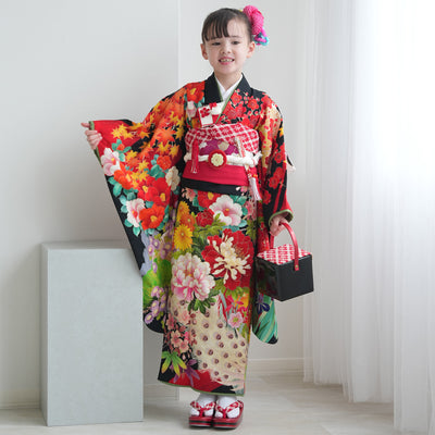 【レンタル】七五三 7歳 女の子 九重×中村里砂 着物 日本製 作り帯 子供 kids 四つ身 お祝い着 往復送料無料 （1409605000）