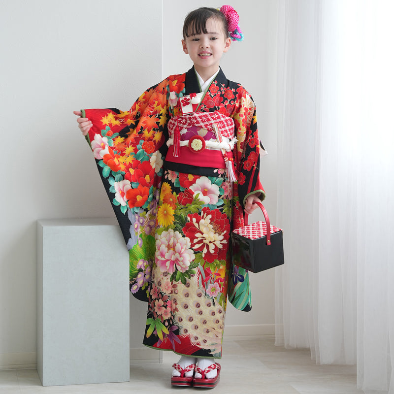 【レンタル】七五三 7歳 女の子 九重×中村里砂 着物 日本製 作り帯 子供 kids 四つ身 お祝い着 往復送料無料 （1409605000）