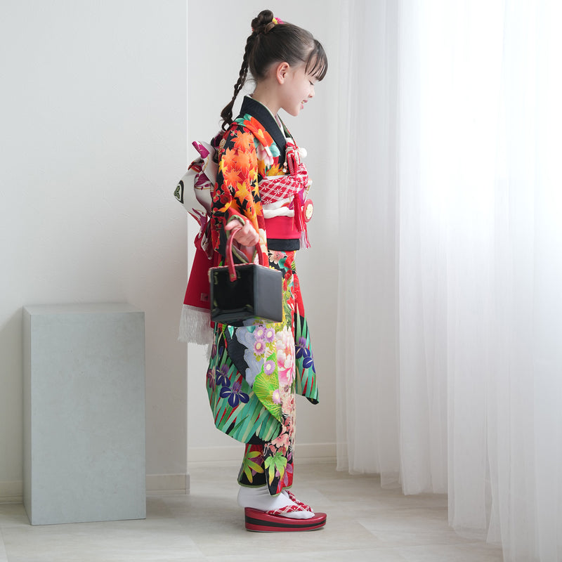 【レンタル】七五三 7歳 女の子 九重×中村里砂 着物 日本製 作り帯 子供 kids 四つ身 お祝い着 往復送料無料 （1409605000）