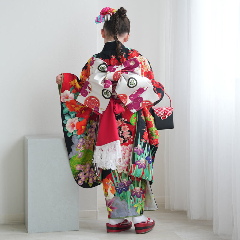 【レンタル】七五三 7歳 女の子 九重×中村里砂 着物 日本製 作り帯 子供 kids 四つ身 お祝い着 往復送料無料 （1409605000）