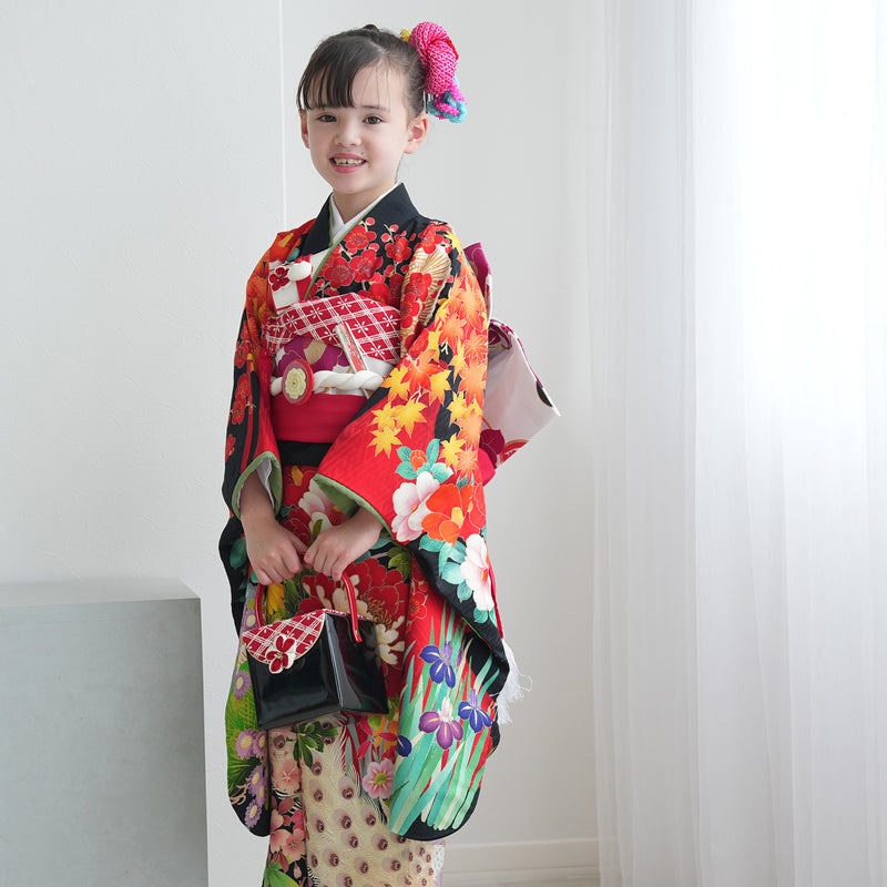 【レンタル】七五三 7歳 女の子 九重×中村里砂 着物 日本製 作り帯 子供 kids 四つ身 お祝い着 往復送料無料 （1409605000）