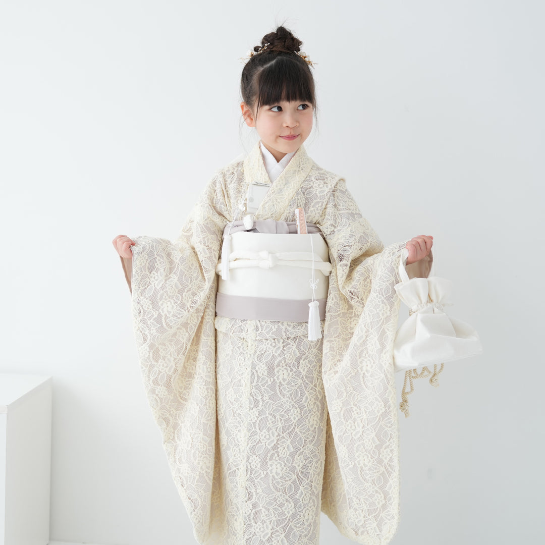 七五三7歳 女の子 お着物セット ホワイト希少 七五三 着物 7歳 フルセット 購入 販売「オフホワイト・白のレース着物