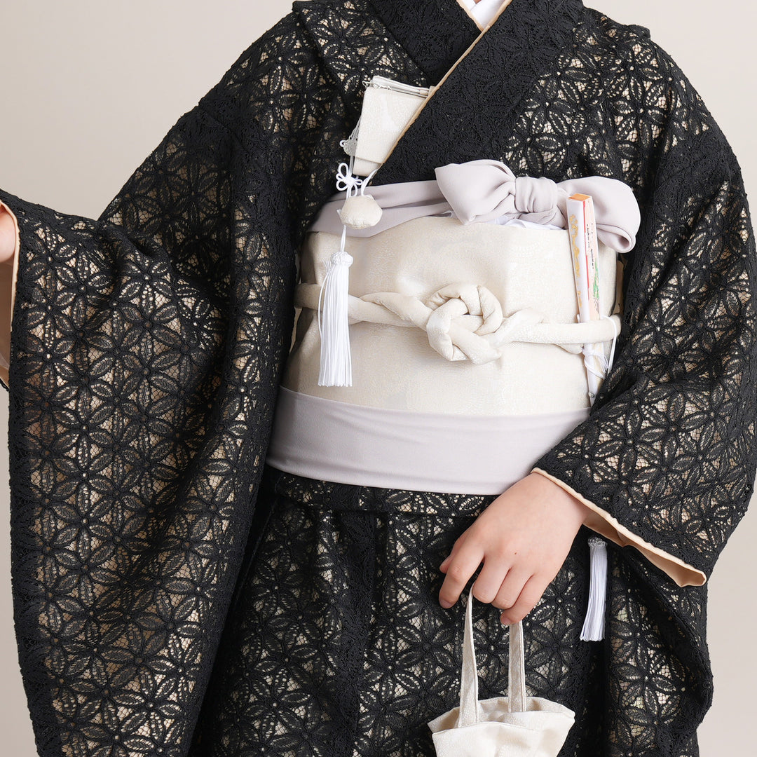 ７歳　ピンパネルブラック着物とレース帯 レンタル】七五三 7歳 着物 女の子 utatane レース 作り帯 子供 kids