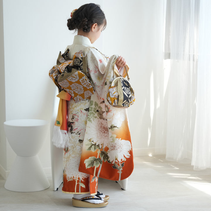 レンタル】七五三着物 7歳女の子 芸艸堂 UNSODO きなり 牡丹 菊 四つ身