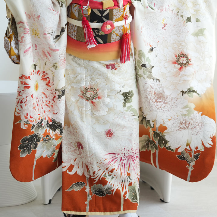 レンタル】七五三着物 7歳女の子 芸艸堂 UNSODO きなり 牡丹 菊 四つ身