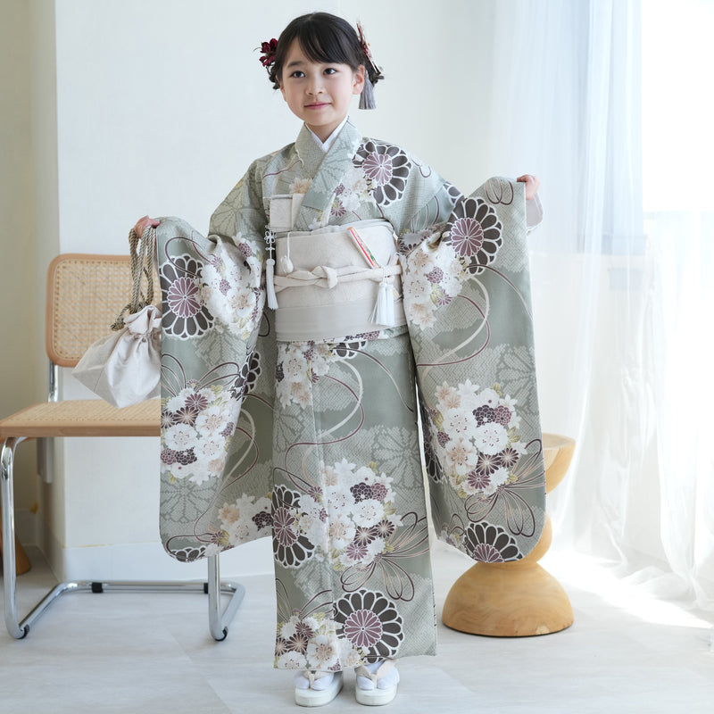 【レンタル】七五三 7歳 女の子 ひよこ商店 着物 日本製作り帯 子供 kids 四つ身 お祝い着 翡翠の菊重ね（1409608500）