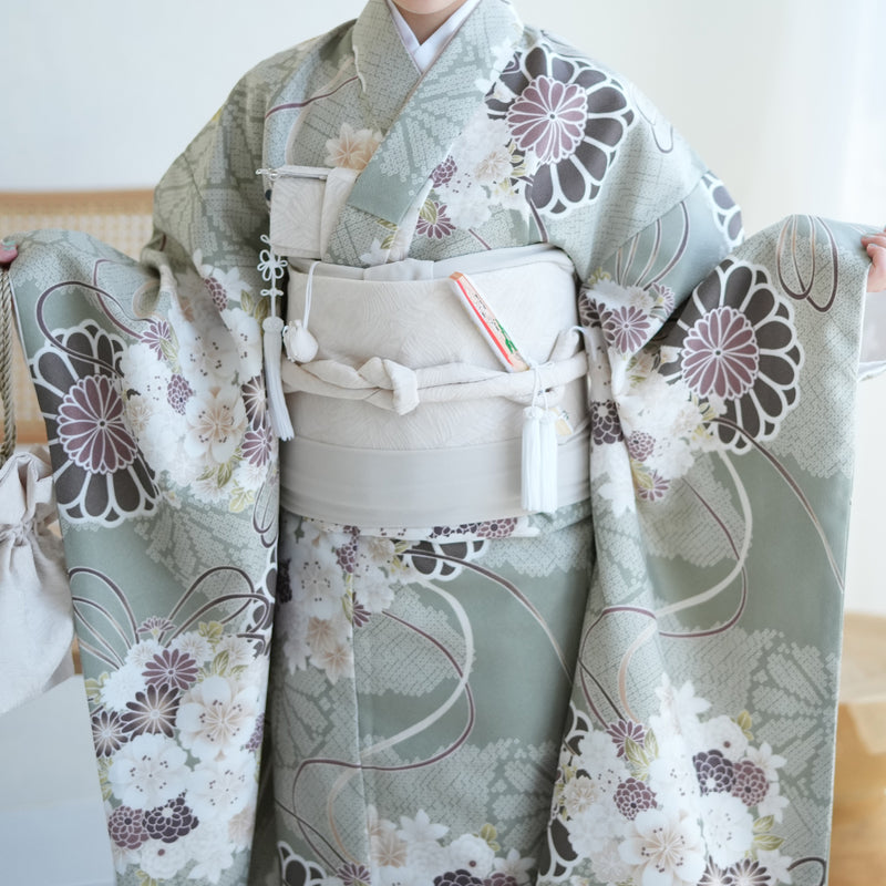 【レンタル】七五三 7歳 女の子 ひよこ商店 着物 日本製作り帯 子供 kids 四つ身 お祝い着 翡翠の菊重ね（1409608500）
