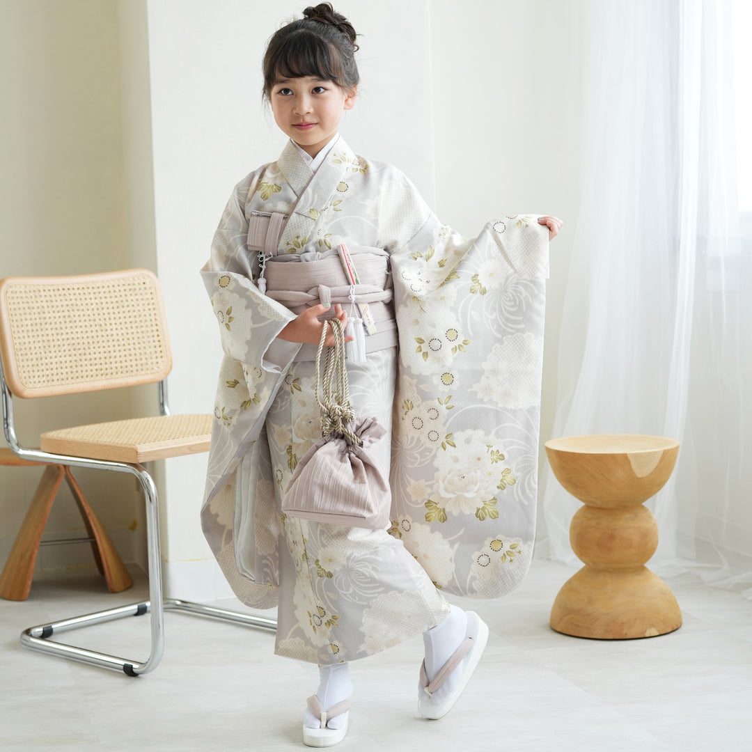 七五三　小さめ7歳さん〜6歳　アンティークお着物セット　半幅帯コーデ 七五三 7歳 着物 作り帯 セット 女の子 7才 アンティーク 薄紫