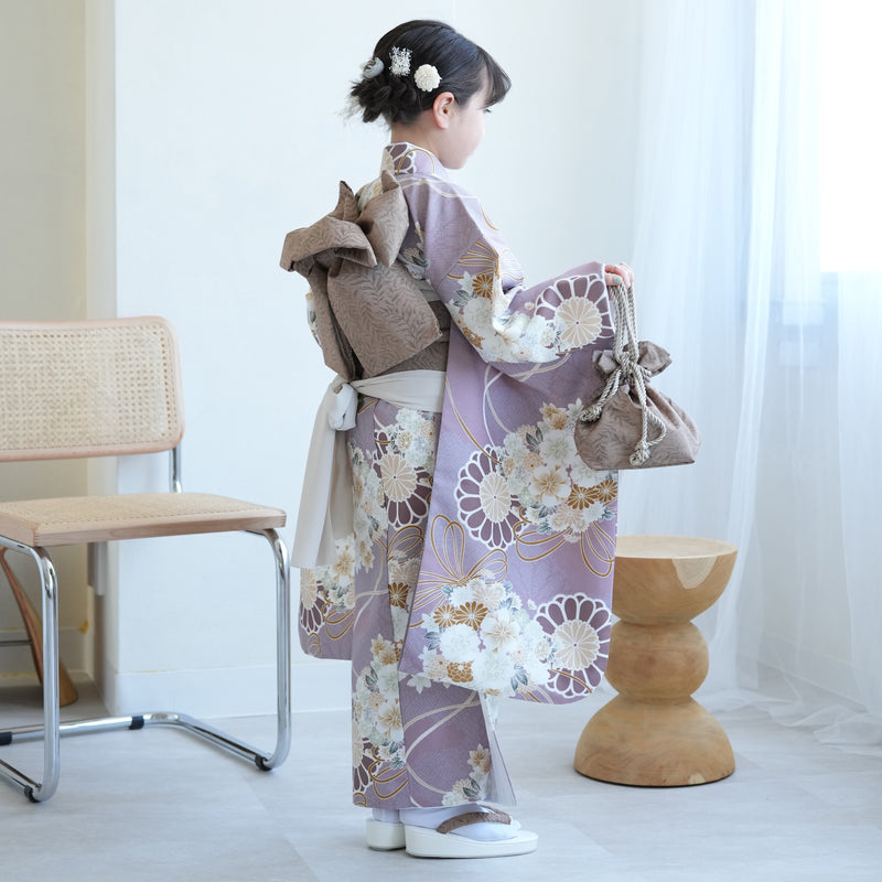 【レンタル】七五三 7歳 女の子 ひよこ商店 着物 日本製作り帯 子供 kids 四つ身 お祝い着 アメジストの菊重ね（1409608900）