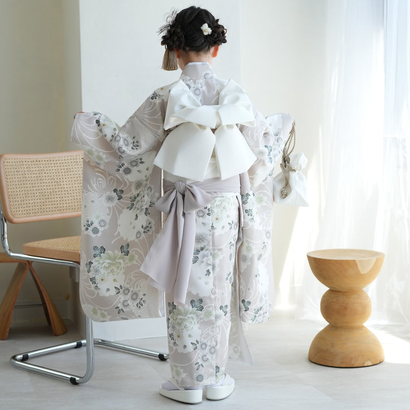 【レンタル】七五三 7歳 女の子 ひよこ商店 着物 日本製作り帯 子供 kids 四つ身 お祝い着 グレージュ雪輪（1409609000）