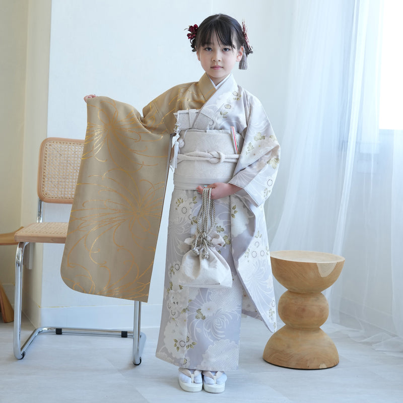 七五三 女の子 3歳 青 ブルー 着物 花柄 レトロ アンティーク 安心の 