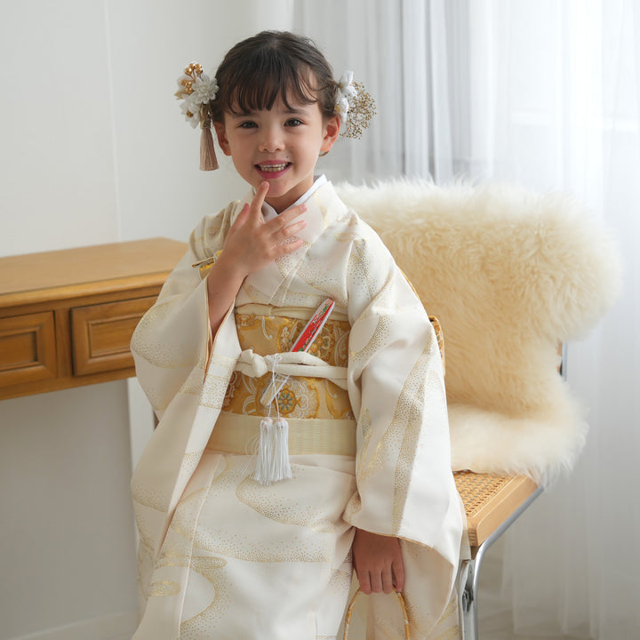 レンタル】七五三着物 7歳女の子 着物セット クリーム金彩・流水