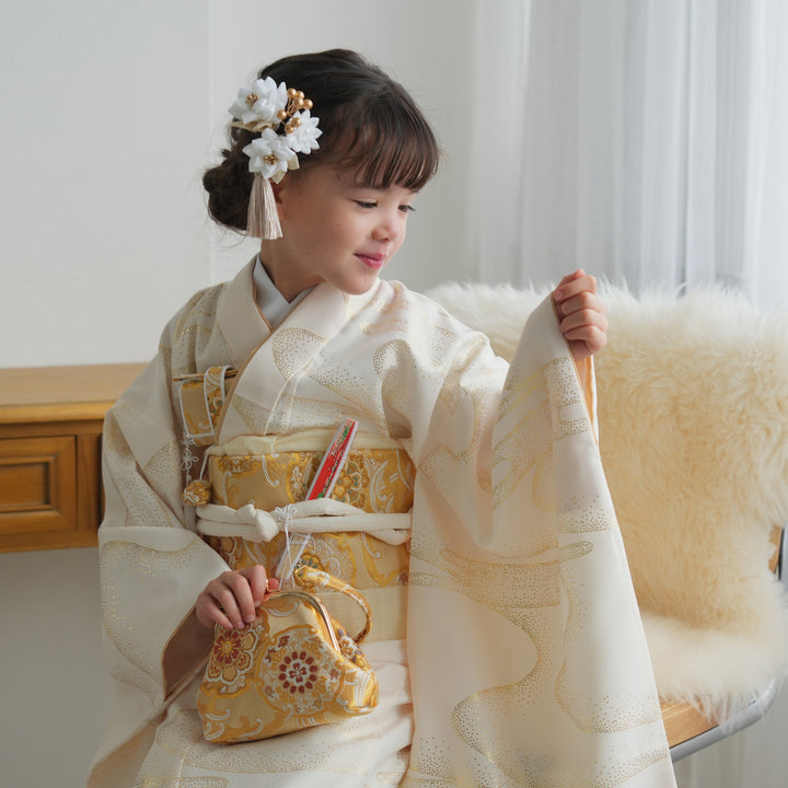 レンタル】七五三着物 7歳女の子 着物セット クリーム金彩・流水