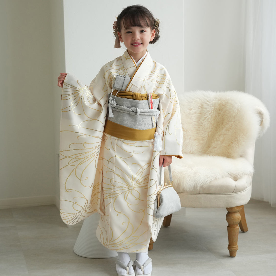 レンタル】七五三着物 7歳女の子 着物セット クリーム金彩・糸菊