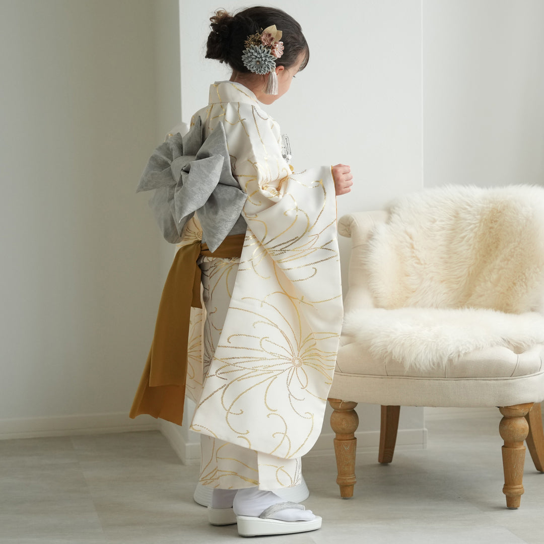 セット　七五三　7歳女の子　着物＆帯＆簡単半衿＆小物　クリーム色　鳥麻桜菊藤 七五三 着物 7歳 ブランド 四つ身着物セット Shikibu Roman 式部
