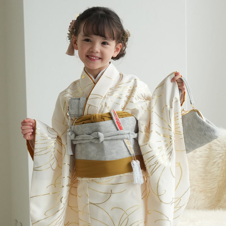 セット　七五三７歳女の子　着物＆帯＆袖なし長襦袢＆小物　緑　花　金糸　袋帯未使用 レンタル】七五三着物 7歳女の子 着物セット クリーム金彩・糸菊