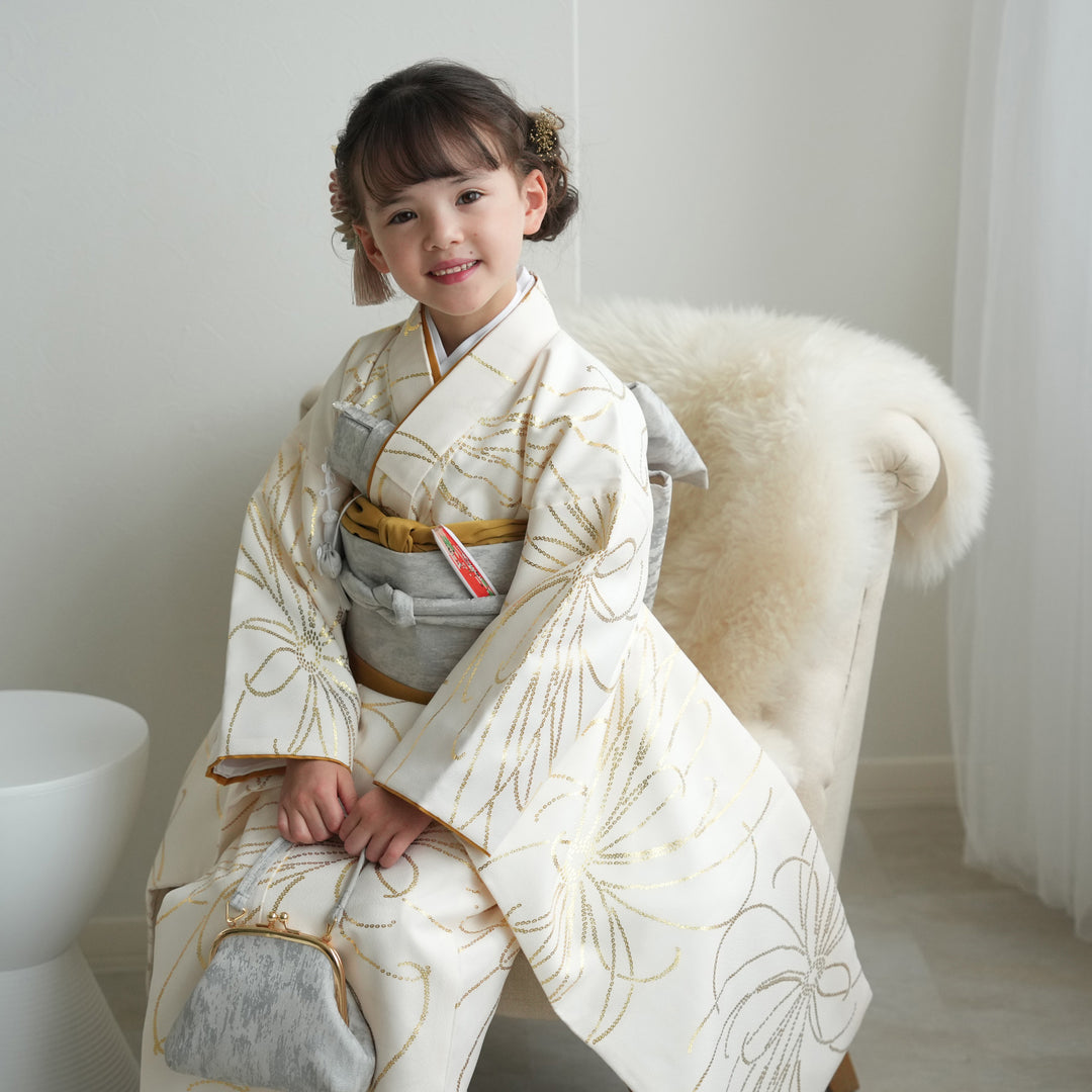 七五三 正絹 7歳用 女の子 着物 フルセット◆薄クリーム系◆yurih1120 レンタル】七五三着物 7歳女の子 着物セット クリーム金彩・糸菊