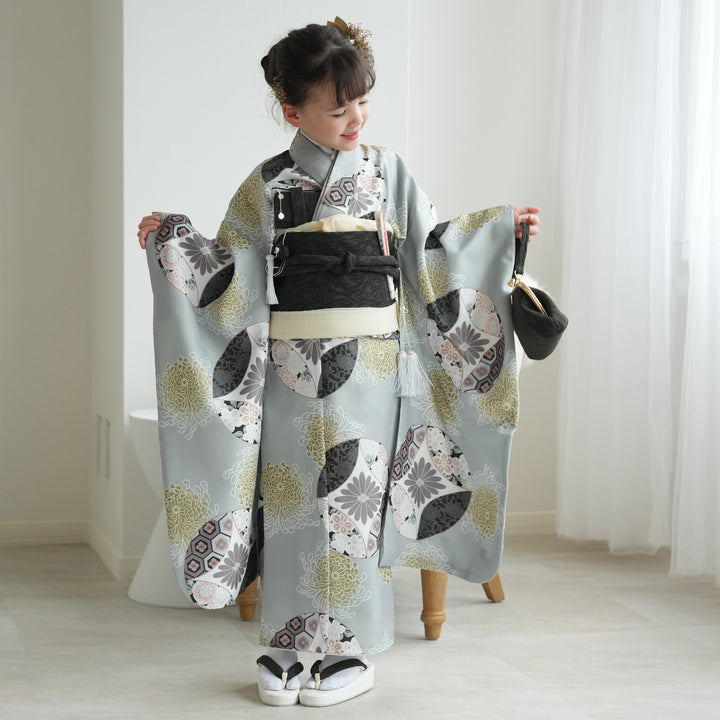 七五三　7歳用　着物、小物セット✴︎ミントグリーン レンタル】七五三着物 7歳女の子 着物セット ミント七宝 四つ身