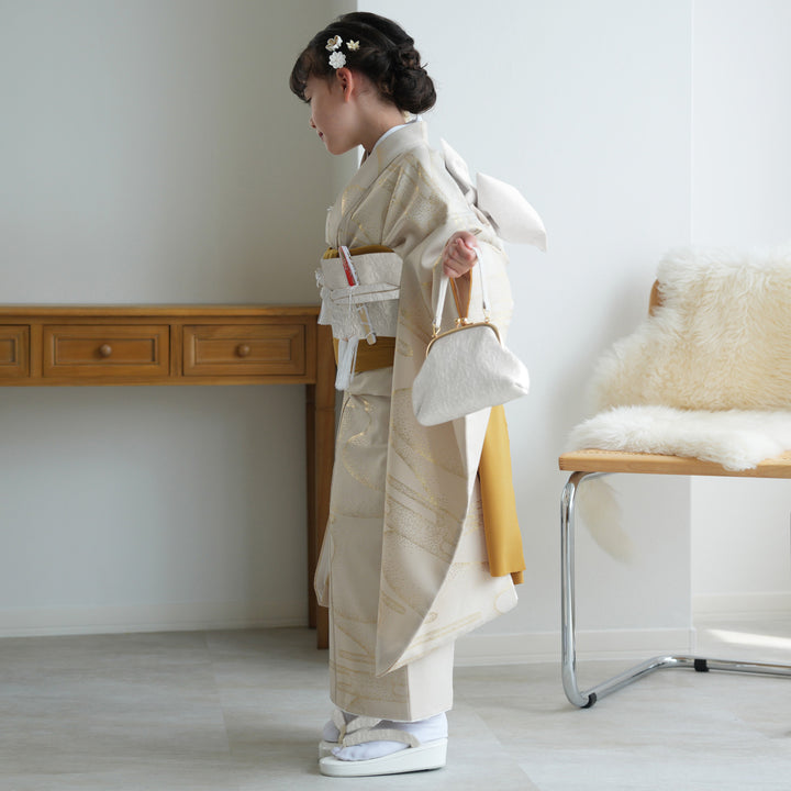 レンタル】七五三着物 7歳女の子 着物セット ベージュ金彩・糸菊