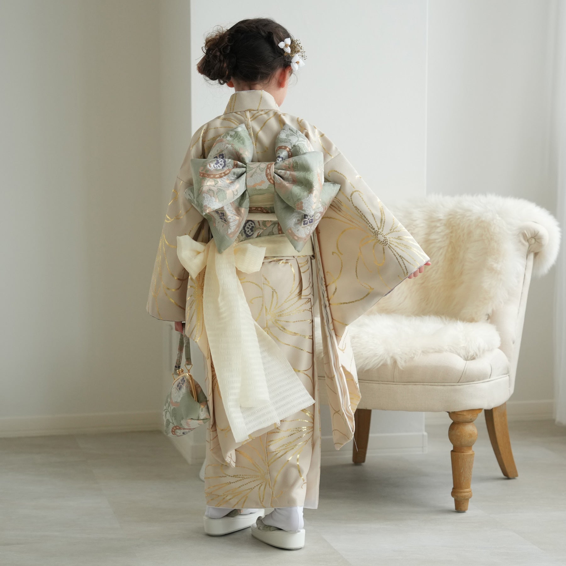 中国女子小学生のヌード ひよこ商店 七五三 着物 優勢 3歳 女の子 被布セット 灰緑鳳凰*クリーム金彩