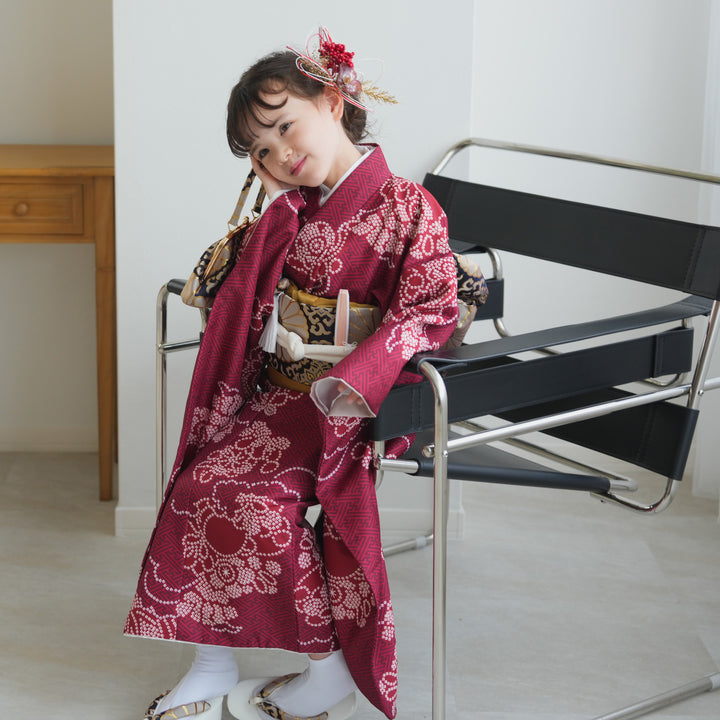 レンタル】七五三着物 7歳女の子 着物セット えんじの絞り柄 四つ身