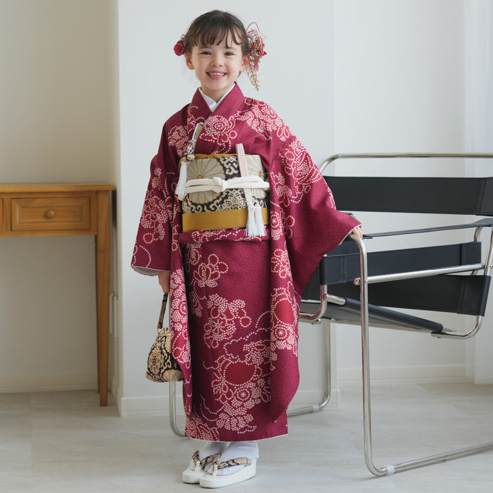 七五三用着物　７歳女の子用　着物他 レンタル】七五三着物 7歳女の子 着物セット えんじの絞り柄 四つ身
