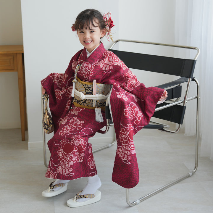 レンタル】七五三着物 7歳女の子 着物セット えんじの絞り柄 四つ身