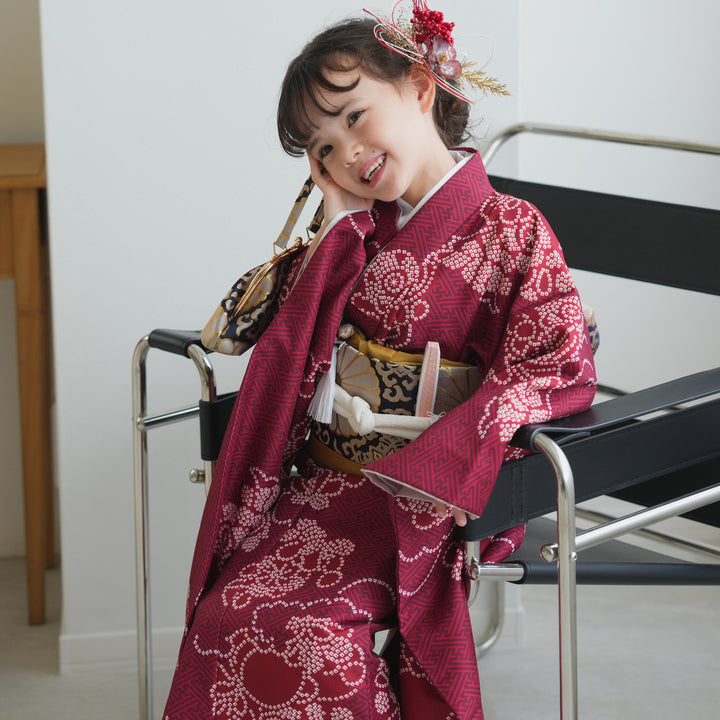 レンタル】七五三着物 7歳女の子 着物セット えんじの絞り柄