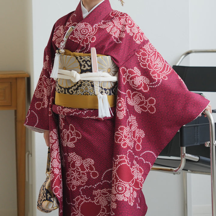 レンタル】七五三着物 7歳女の子 着物セット えんじの絞り柄 四つ身