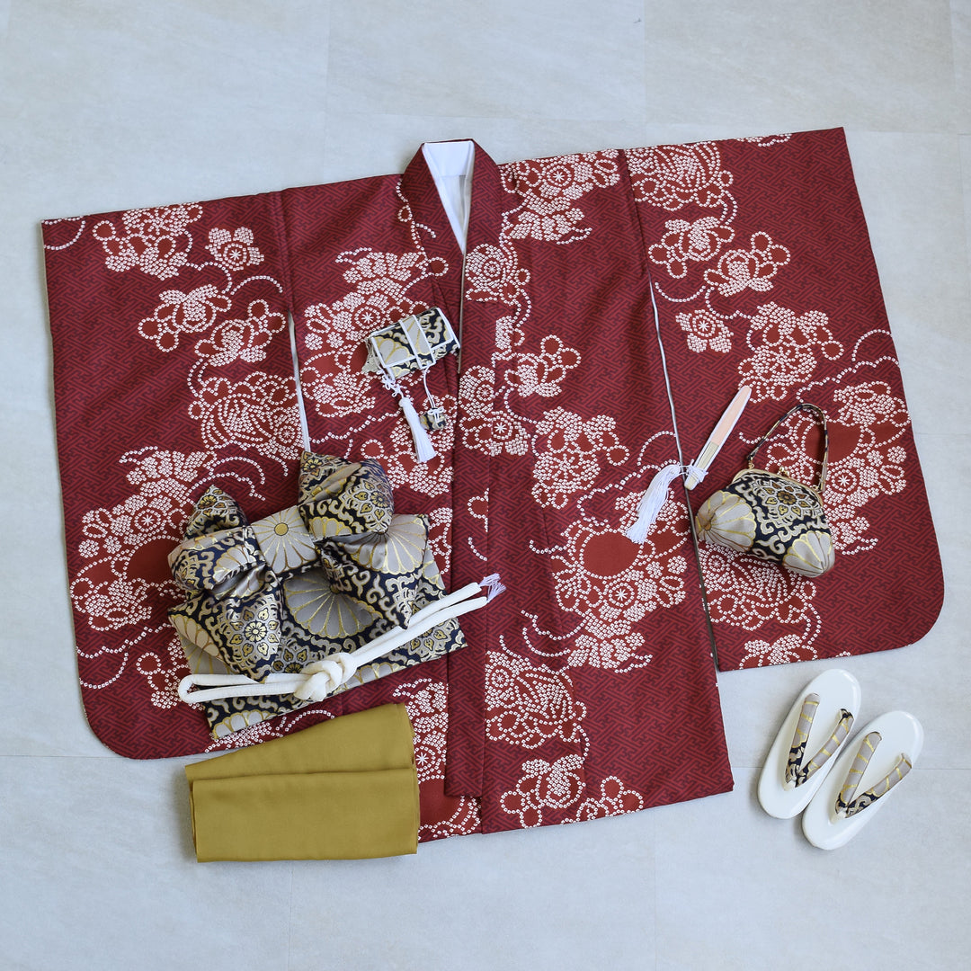 七五三着物 7歳 女の子 着物セット】販売品 四つ身 えんじの絞り柄