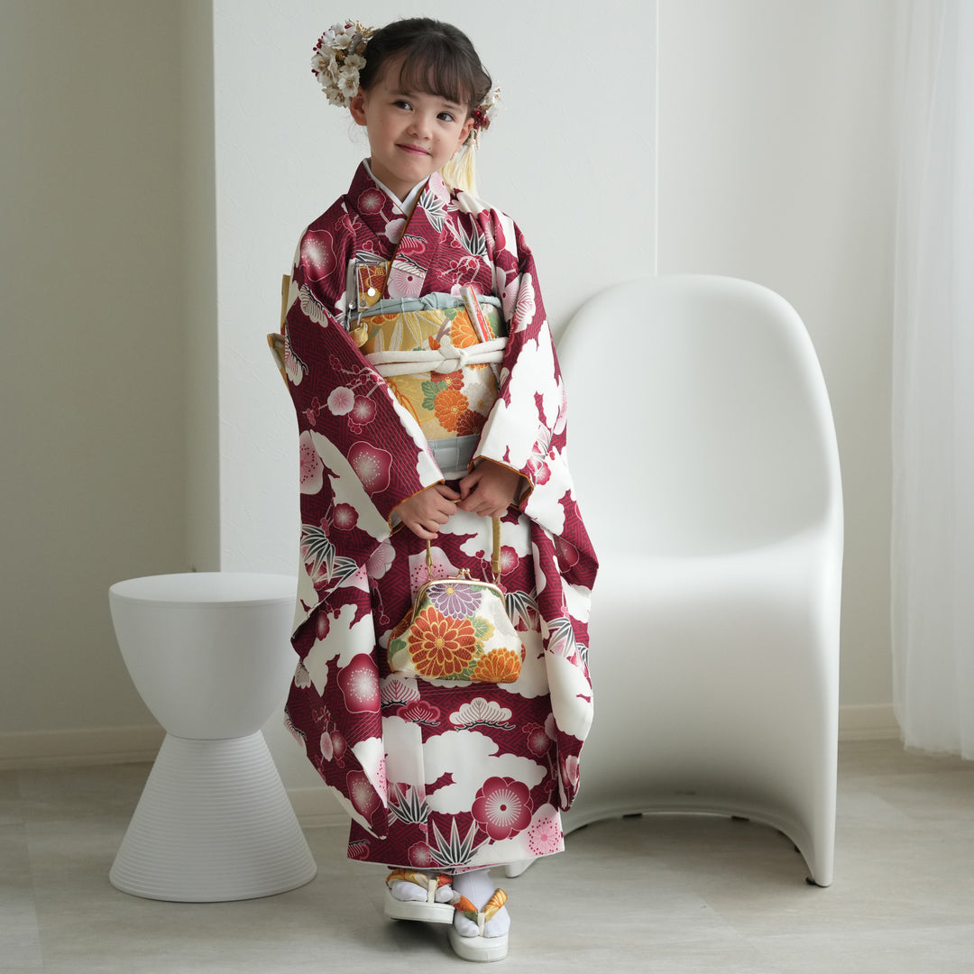 レンタル】七五三着物 7歳女の子 着物セット 元禄梅模様 えんじ 四つ身