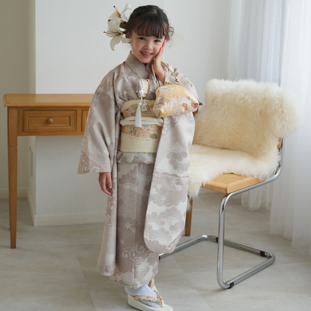 レンタル】七五三着物 7歳女の子 着物セット ベージュ松文様