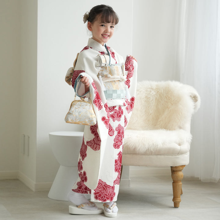 総柄落ち着いた白系♡七五三　7歳　女の子　セット　一式　アイボリー　ゴールド レンタル】七五三着物 7歳女の子 着物セット 白百合色に絞り柄