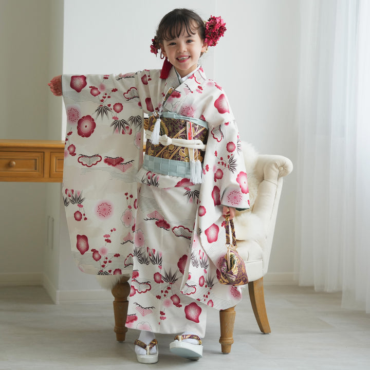 レンタル】七五三着物 7歳女の子 着物セット 元禄梅模様 白 四つ身