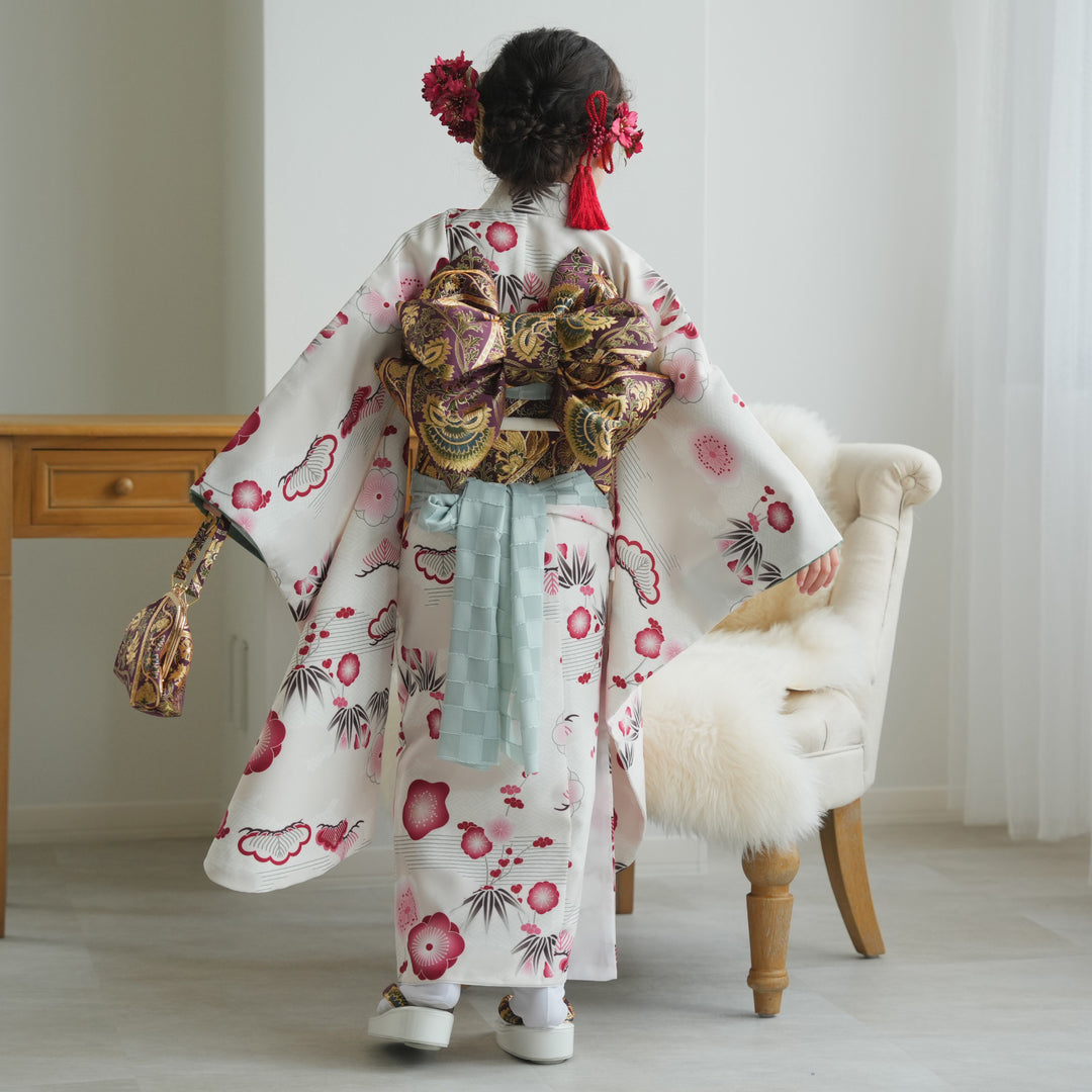 レンタル】七五三着物 7歳女の子 着物セット 元禄梅模様 白 四つ身