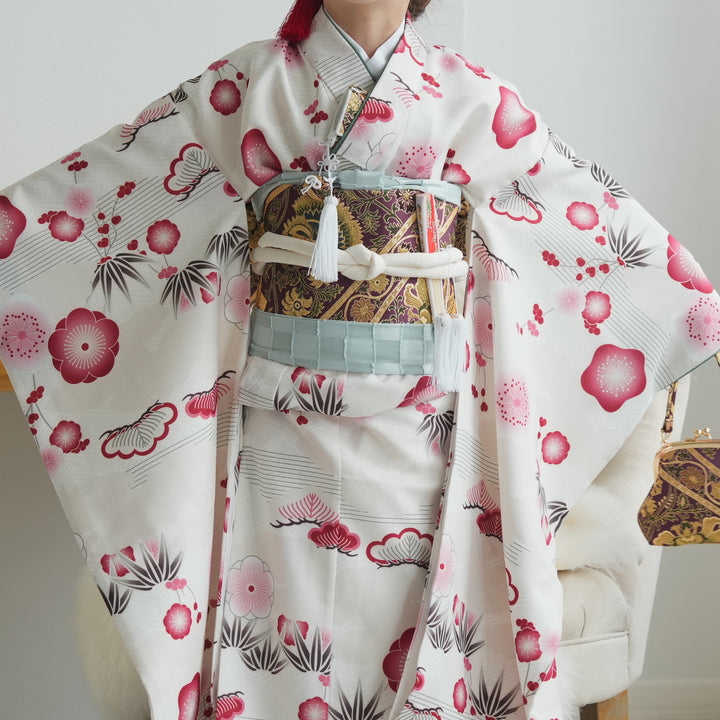 レンタル】七五三着物 7歳女の子 着物セット 元禄梅模様 白 四つ身