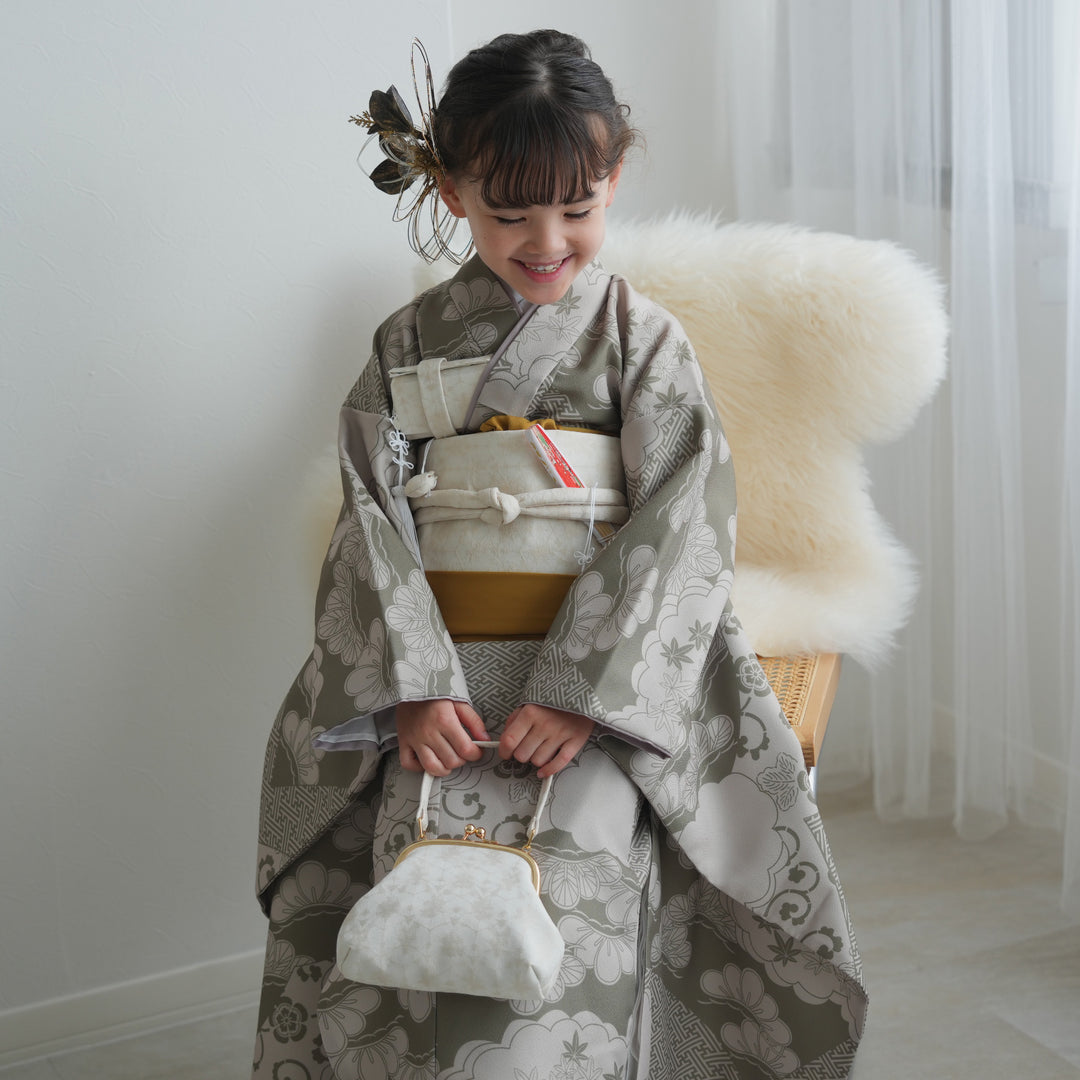 レンタル】七五三着物 7歳女の子 着物セット モスグリーン松文様