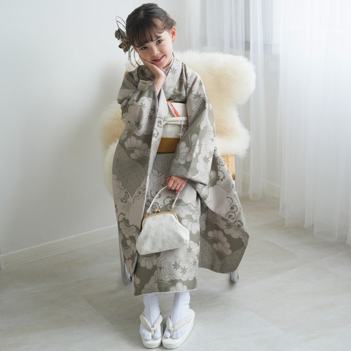 レンタル】七五三着物 7歳女の子 着物セット モスグリーン松文様 四つ身 ひよこ商店（1409612600） - utatane［公式通販］