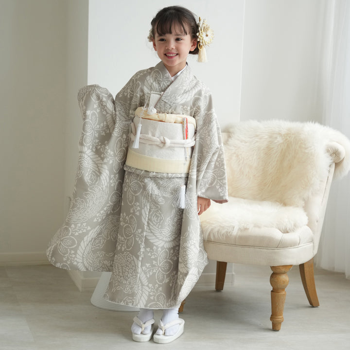 レンタル】七五三着物 7歳女の子 着物セット 灰緑鳳凰 四つ身 ひよこ