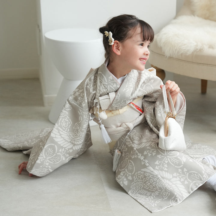 レンタル】七五三着物 7歳女の子 着物セット 灰緑鳳凰 四つ身 ひよこ