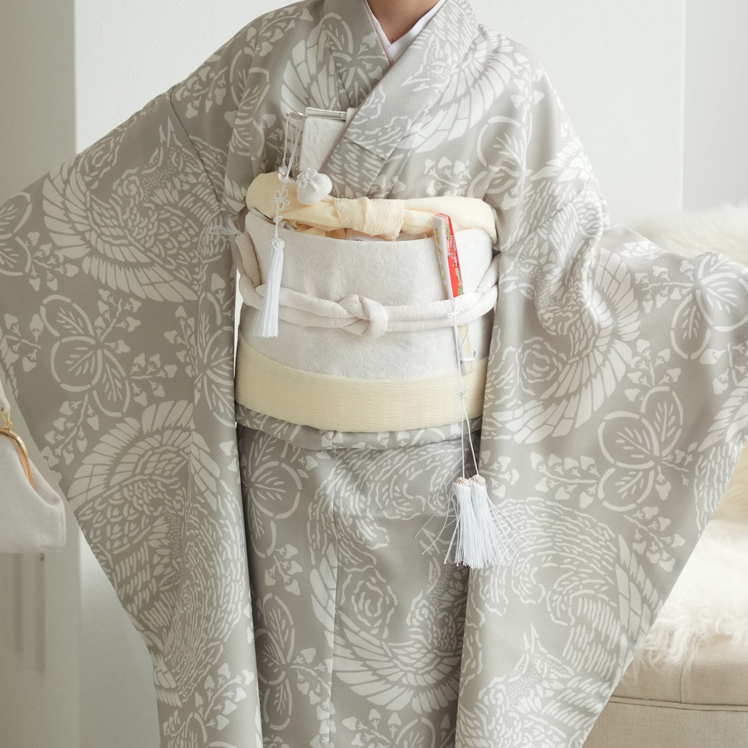 レンタル】七五三着物 7歳女の子 着物セット 灰緑鳳凰 四つ身 ひよこ