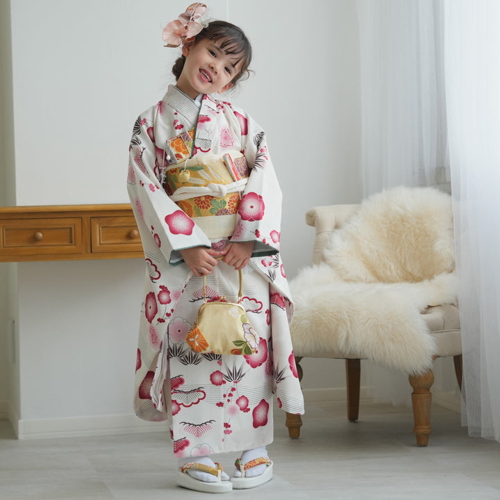 レンタル】七五三着物 7歳女の子 着物セット 元禄梅模様 白 四つ身