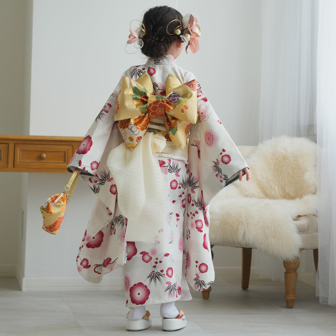 レンタル】七五三着物 7歳女の子 着物セット 元禄梅模様 白 四つ身