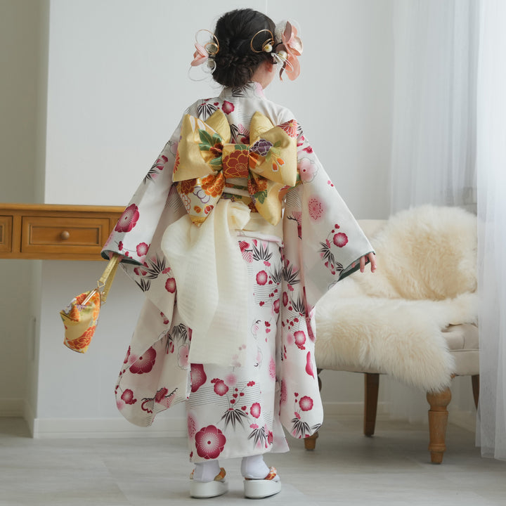 レンタル】七五三着物 7歳女の子 着物セット 元禄梅模様 白 四つ身
