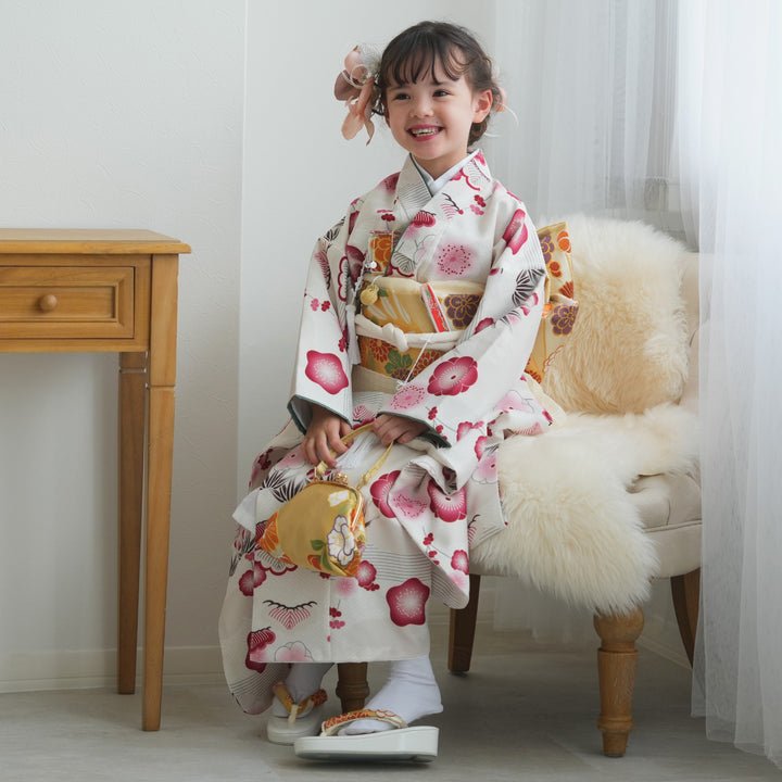 レンタル】七五三着物 7歳女の子 着物セット 元禄梅模様 白