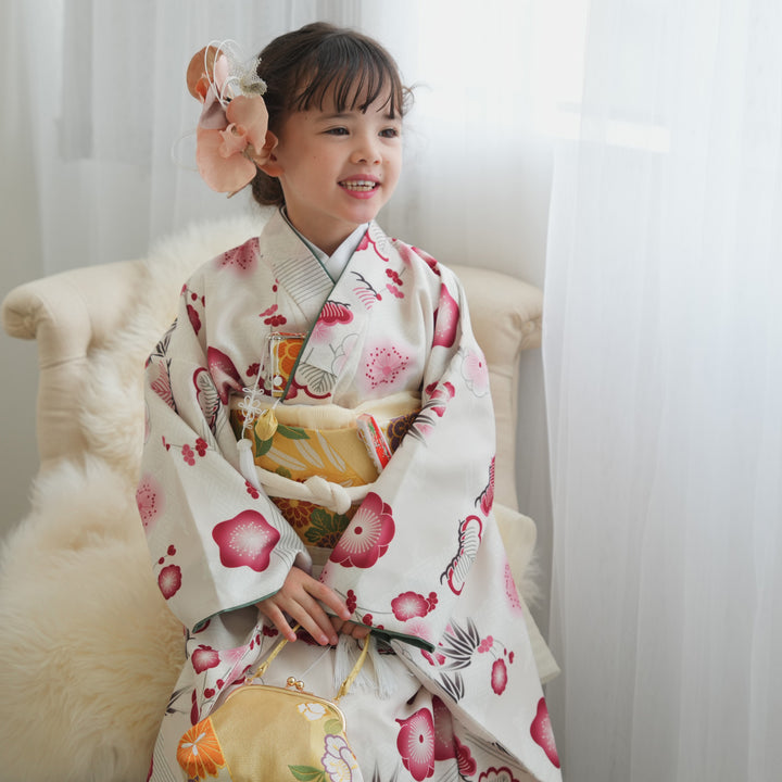 レンタル】七五三着物 7歳女の子 着物セット 元禄梅模様 白 四つ身
