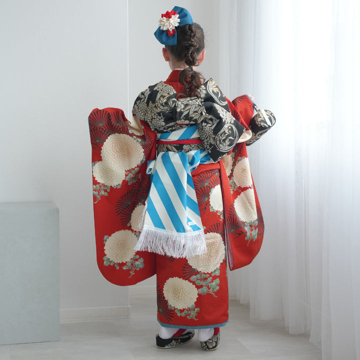 七五三 7歳着物 レンタル フルセット 水色 桜と菊花 女の子 七歳 753