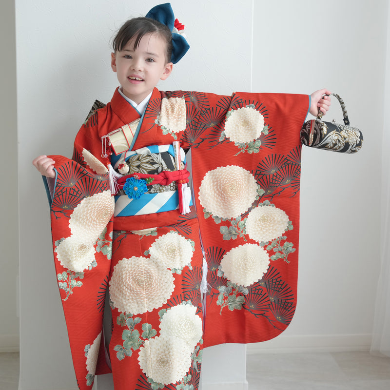 【レンタル】七五三着物 7歳女の子 LOWRYS FARM ローリーズファーム 着物セット 四つ身 絵羽 大菊に松・赤 （1409613100）