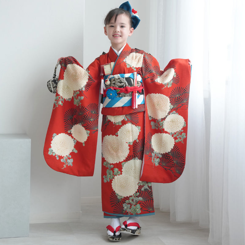 【レンタル】七五三着物 7歳女の子 LOWRYS FARM ローリーズファーム 着物セット 四つ身 絵羽 大菊に松・赤 （1409613100）